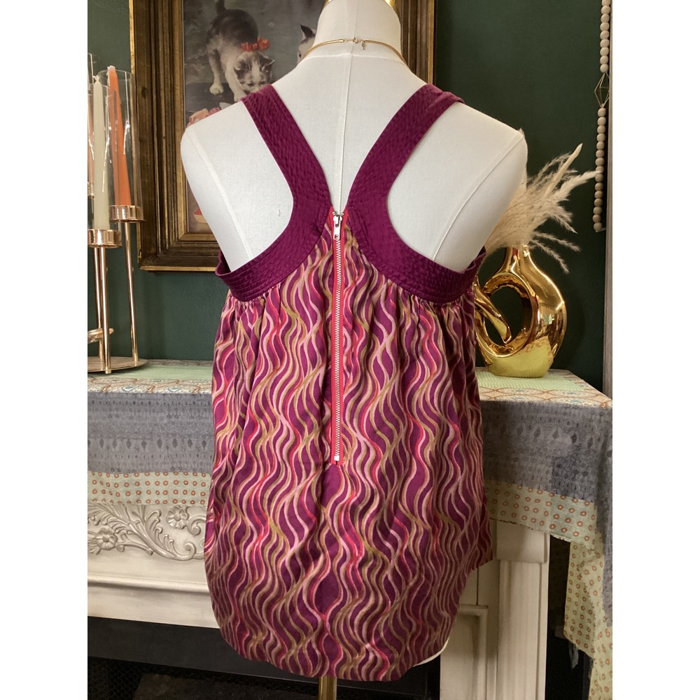 Intuitions Silk Blend Wavy Print Ruffle Tank Top Plum Pink Small Racerback Zip - Picture 3 of 5